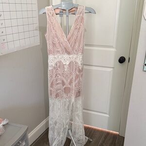 Elegant Lace Maxi Dress in Nude and White
